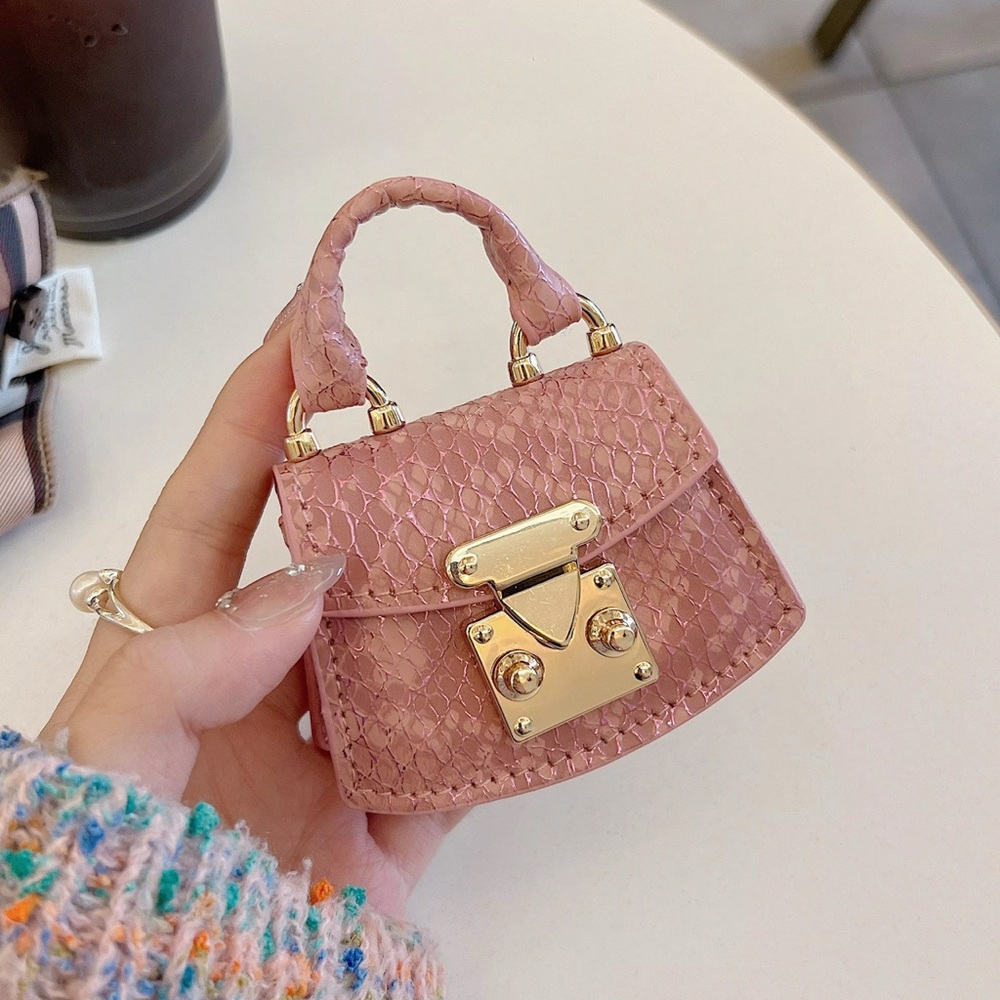Micro Mini Pink Textured Top-Handle Bag with Gold Hardware fits AirPods lipstick